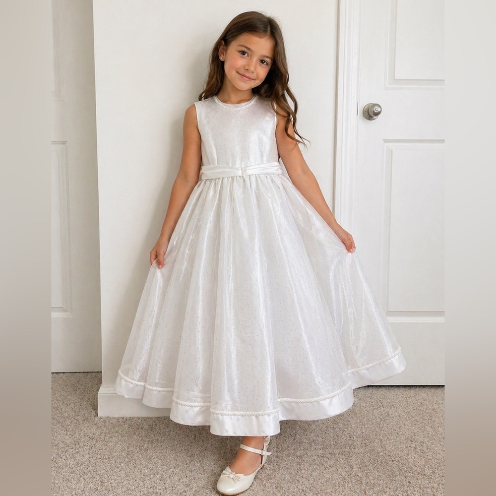 Satin Communion Dress w/ Pearl Accents & Organza Skirt 9-12 years Old. Off White